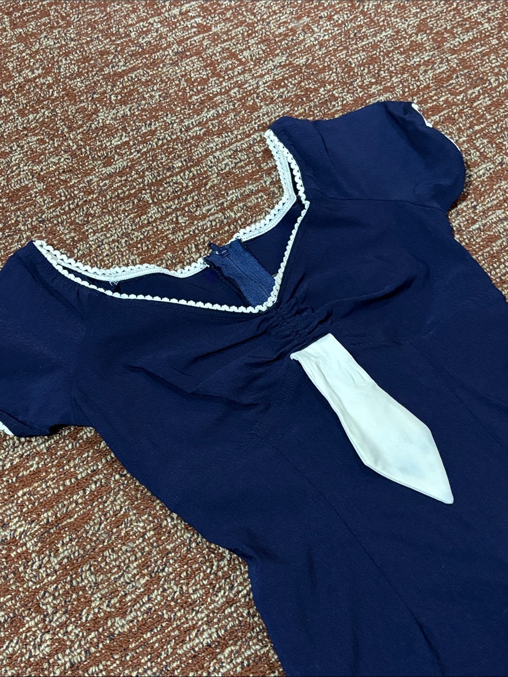 Vintage style fitted stretch navy blue sailor dress eyelet trim tie detail Med - Picture 4 of 16
